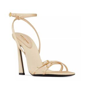 NWT Saint Laurent Lila Strappy Sandals in Nude Crepe Satin Ankle Strap High Heel